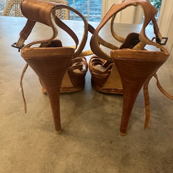 Stuart Weitzman Strappy platform leather sandals with wood heels. Size 9. - Picture 2 of 12
